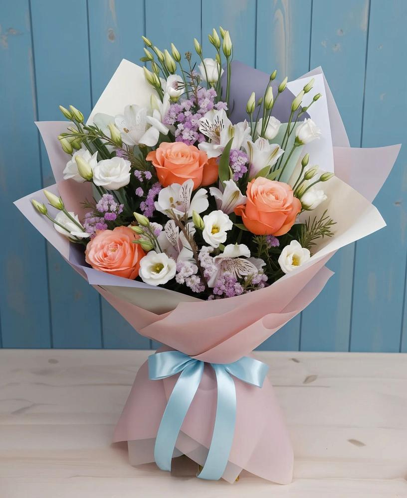 Букет цветов из: Лизиантусы, Розы, Альстромерии и Гипсофила в Нижней Мактаме